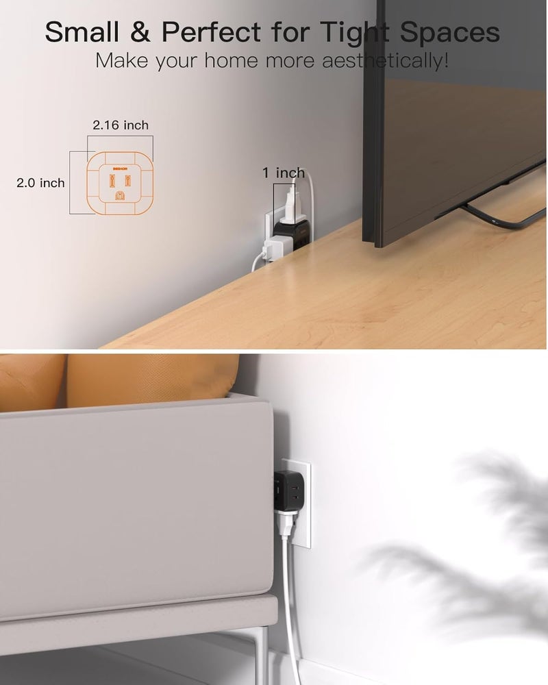BESHON Black Multi Plug Outlet Extender 2 Pack, Wall Outlet Splitter with 5 Wall Outlets, Small Multiple Plug Extender, Cruise Essentials, Plug Adapter No Surge Protector for Cruise Ship Home Office Dorm - Image 3